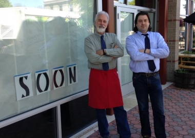 Owner Mike Anderson, left, and business partner, Bill Blackburn, right, stand in front of their future sushi bar Thursday in Del Ray. (Photo by WTOP)