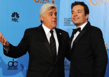 Presenters Jay Leno, left, and Jimmy Fallon pose backstage at the 70th Annual Golden Globe Awards on January 13, 2013, in Beverly Hills, California.