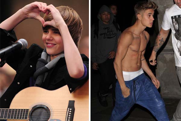 Bieber back when he was innocent and newly discovere, and Bieber today with his tats, dropping trou in London on the way to celebrate his 19th birthday.