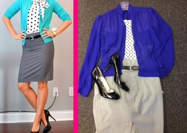 Outfit from Pinterest, left, and a Goodwill-inspired look, right, for only: $19.94, plus tax. (Pinterest/Abbie Elliott)