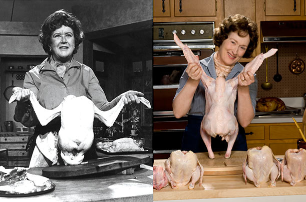 Julia Child (left) and Meryl Streep from the Nora Ephron movie <em>Julie & Julia” (right) in the famous scene on how to cook a chicken. (Photos by PBS: David Giesbrecht (left) and Columbia Tristar)