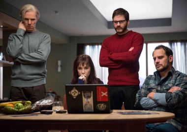 Benedict Cumberbatch (Julian Assange), Carice van Houten (Birgitta Jónsdóttir), Daniel Brühl (Daniel Domscheit-Berg) and Moritz Bleibtreu (Marcus) star in The Fifth Estate. (Photo: DreamWorks Studio)