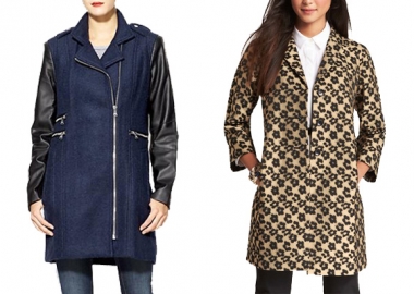Wool coat with vegan leather sleeves (left) by Calvin Klein at piperlime.com, $163 Floral leopard jacquard topper (right) at anntaylor.com, $198 (Graphic: Mark Heckathorn/DC on Heels)