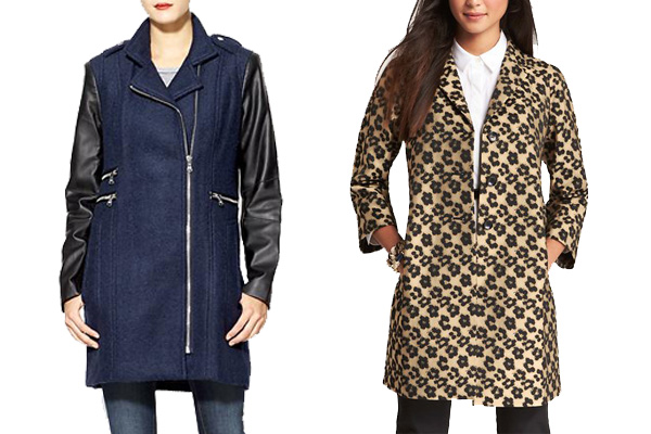 Wool coat with vegan leather sleeves (left) by Calvin Klein at piperlime.com, $163 Floral leopard jacquard topper (right) at  anntaylor.com, $198 (Graphic: Mark Heckathorn/DC on Heels)