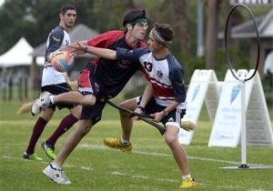 A scrimmage at the Quidditch World Cup in Kissimmee, Fla.,, last April. The game is a co-ed, full contact sport that combines elements of rugby, dodgeball and Olympic handball. (Photo: Phelan M. Ebenhack/AP)