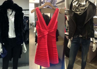ve Adrienne Andou’s black fox fur vest (left), Herve Leger flared skirt scalloped edge banded dress in red (center), and 360 Cashmere’s gray with tan strip turtleneck poncho sweater (right). (Photo: Sharri Sheffield/DC on Heels)