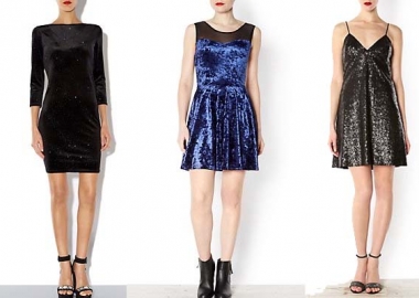 Some evening gowns perfect for your Christmas and New Year's Eve parties (from left): a black sparkle velvet 3/4 sleeve bodycon dress, a blue mesh insert velvet skater dress and a black sequin slip dress. (Photo: New Look)