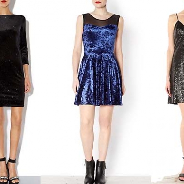Some evening gowns perfect for your Christmas and New Year's Eve parties (from left): a black sparkle velvet 3/4 sleeve bodycon dress, a blue mesh insert velvet skater dress and a black sequin slip dress. (Photo: New Look)