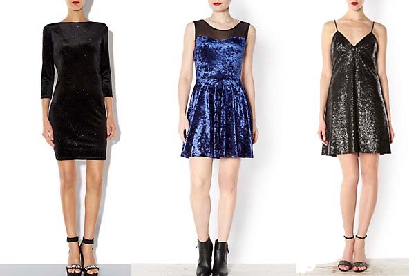 Some evening gowns perfect for your Christmas and New Year's Eve parties (from left): a black sparkle velvet 3/4 sleeve bodycon dress,  a blue mesh insert velvet skater dress and   a black sequin slip dress. (Photo: New Look)