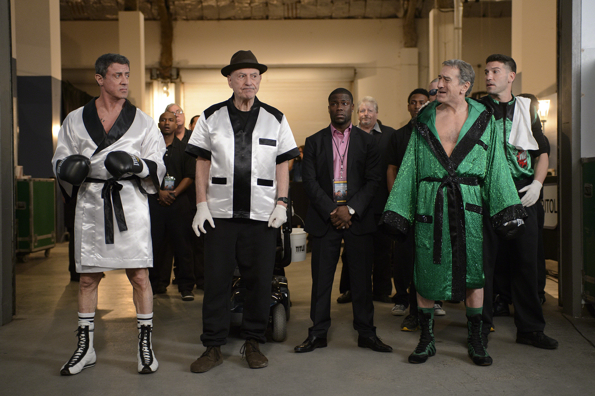 Sylvester Stallone, Alan Arkin, Kevin Hart, Robert De Niro and Jon Bernthal (l to r) in Grudge Match. (Photo: Warner Bros.)