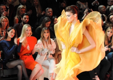 Kim Kardashian looks on from the front row at Stephane Rolland (Photo: NY Daily News)