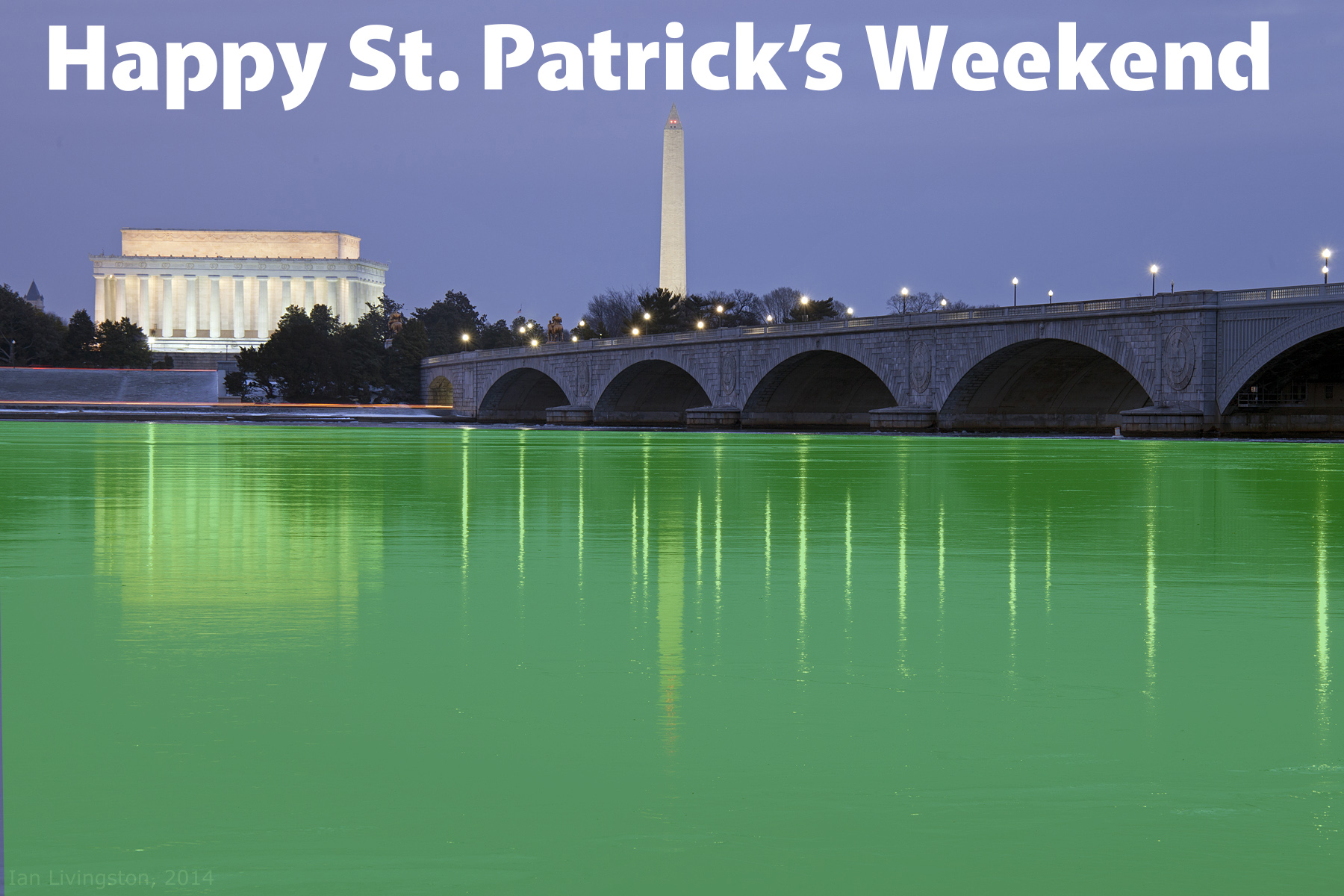 Happy St. Patrick's Weekend! The Potomac River runs green pas the Kennedy Center and Washington Monument. (Photo Ian Livingston/Washington Post. Illustration: Mark Heckathorn/DC on Heels)
