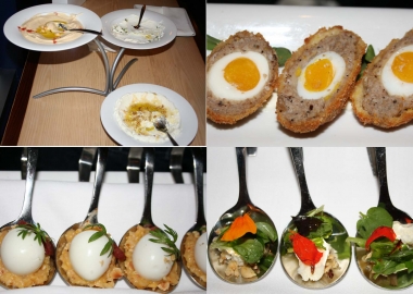 Zaytinya's special Greek Easter menu (clockwise from top left) includes lavash chips with hummus, labneh and tzatzik, a Greek egg, marthoulosalata and kacamak. (Photos: Mark Heckathorn/DC on Heels)