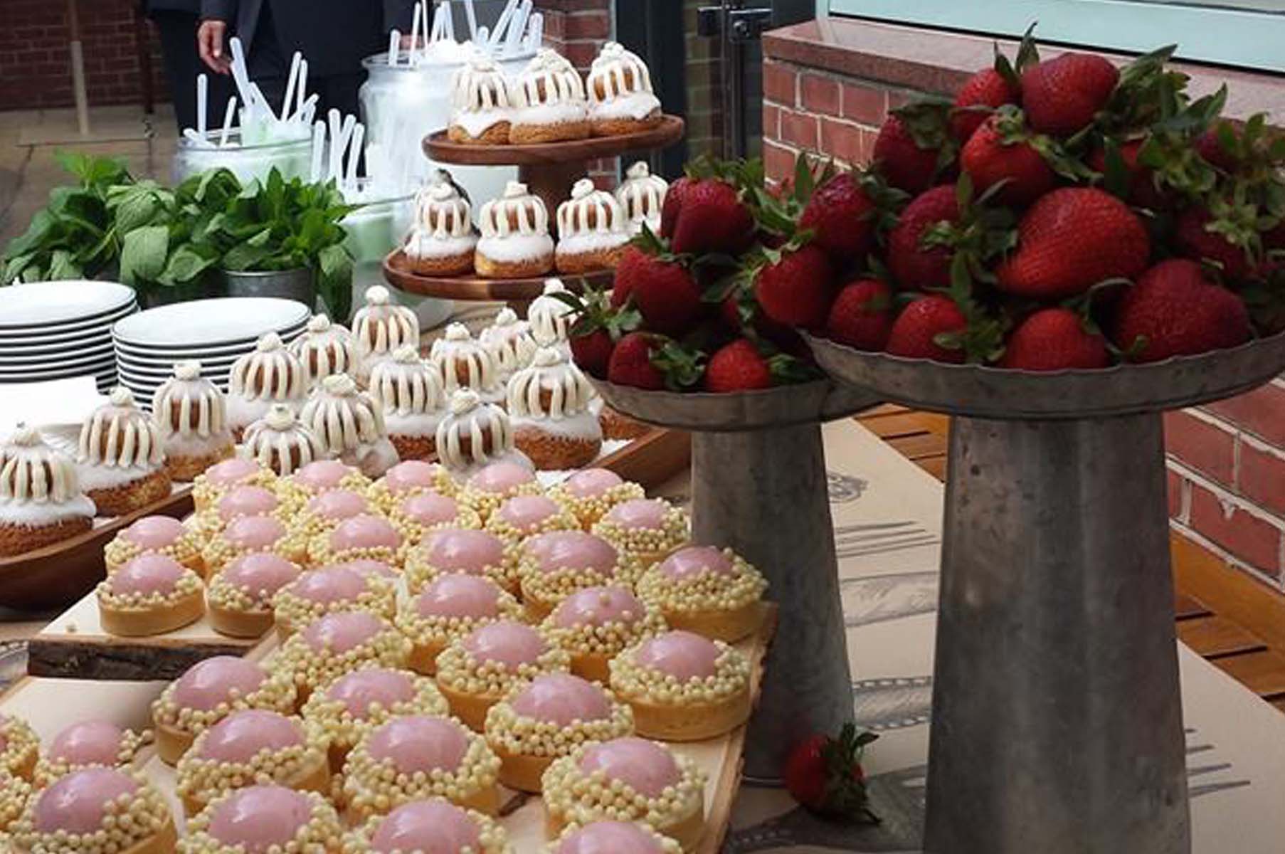 The dessert station included (front to back) strawberry rhubarb tartlets, vanilla bean religieuses and mint-chocolate chip push pops. (Photo: Mark Heckathorn/DC on Heels)