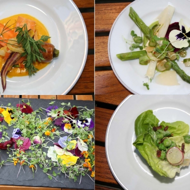 Spring salads include (clockwise from upper left) the baby carrot salad, asparagus salad and the baby wedge salad along with a slate of edible pansies and marigolds. (Photos: Mark Heckathorn/DC on Heels)