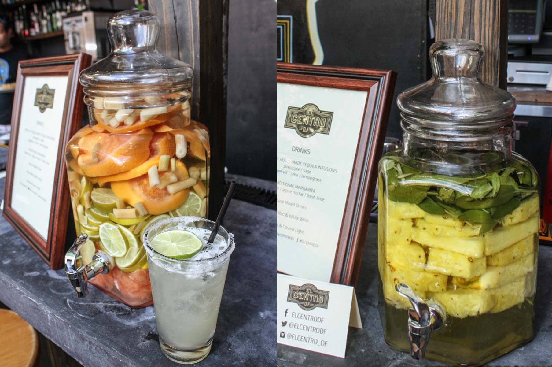El Centro's  grapefruit/lime/lemongrass (left) and pineapple/sage tequila infusions. (Photo: Daniel Martinez)