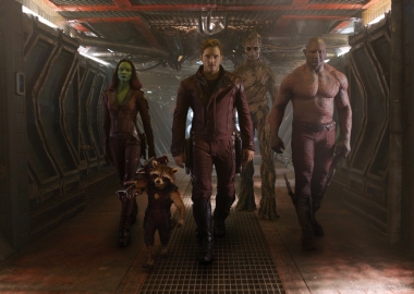 Gamora (Zoe Saldana) (l to r), Rocket (voiced by Bradley Cooper), Peter Quill/Star-Lord (Chris Pratt), Groot (voiced by Vin Diesel) and Drax the Destroyer (Dave Bautista) from 