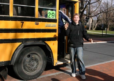 High school students exit their bus. (Photo: Annamarie Mountz/Penn State)
