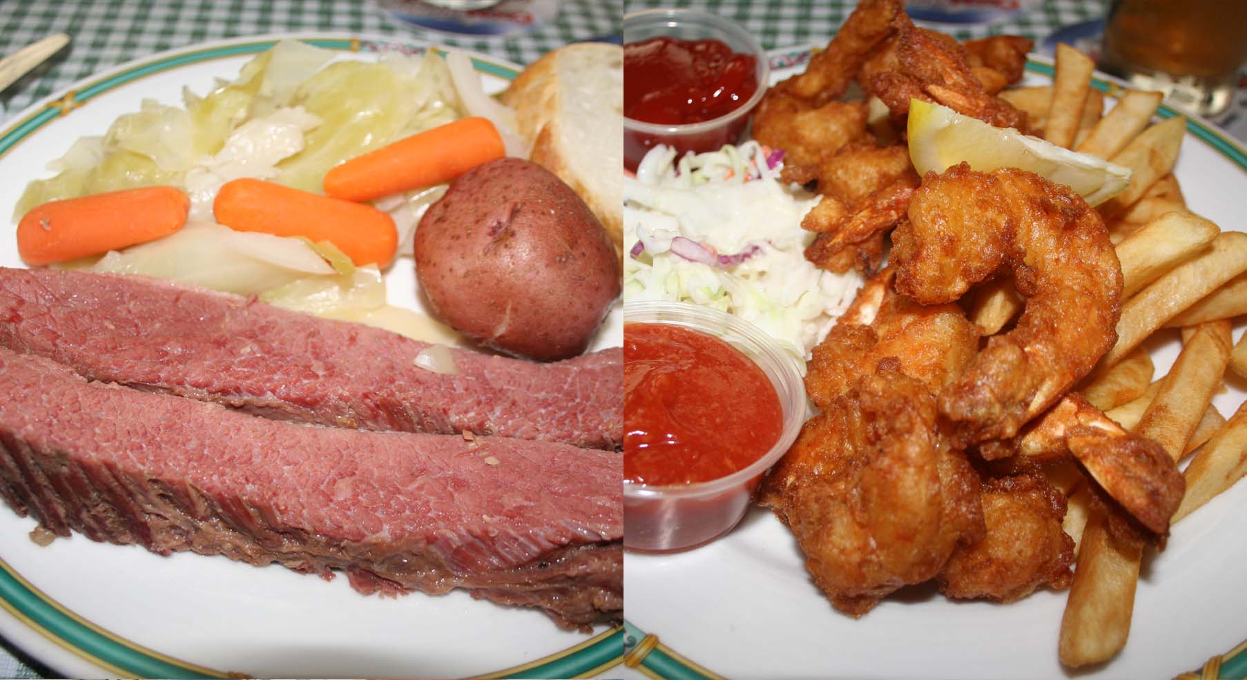 House-made corned beef and cabbage (left) and beer battered shrimp. (Photos: Mark Heckathorn/DC on Heels)