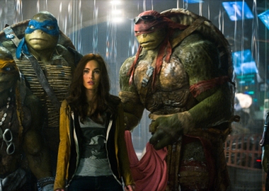 Michelangelo, Leonardo, Megan Fox as April O'Neil, Raphael and Donatello (L to R) in Teenage Mutant Ninja Turtles. (Photo: Paramount Pictures)