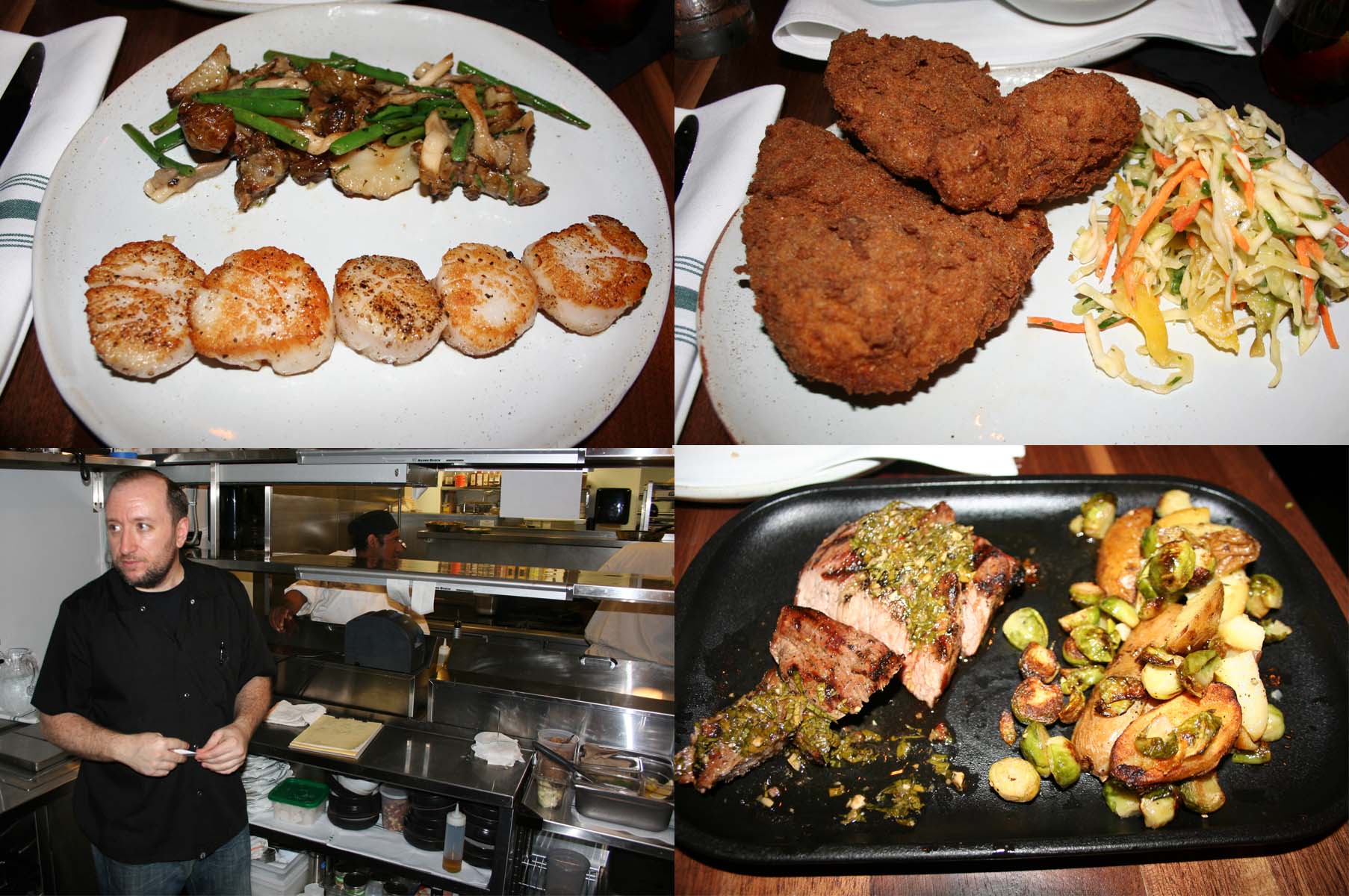 Entrees include pan-seared scallops (clockwise from top left), Old Bay fried chicken and grilled tri-tip steak with salsa verde. Bottom left, Chef Arthur Ringel in his second floor open kitchen. (Photos: Mark Heckathorn/DC on Heels) 