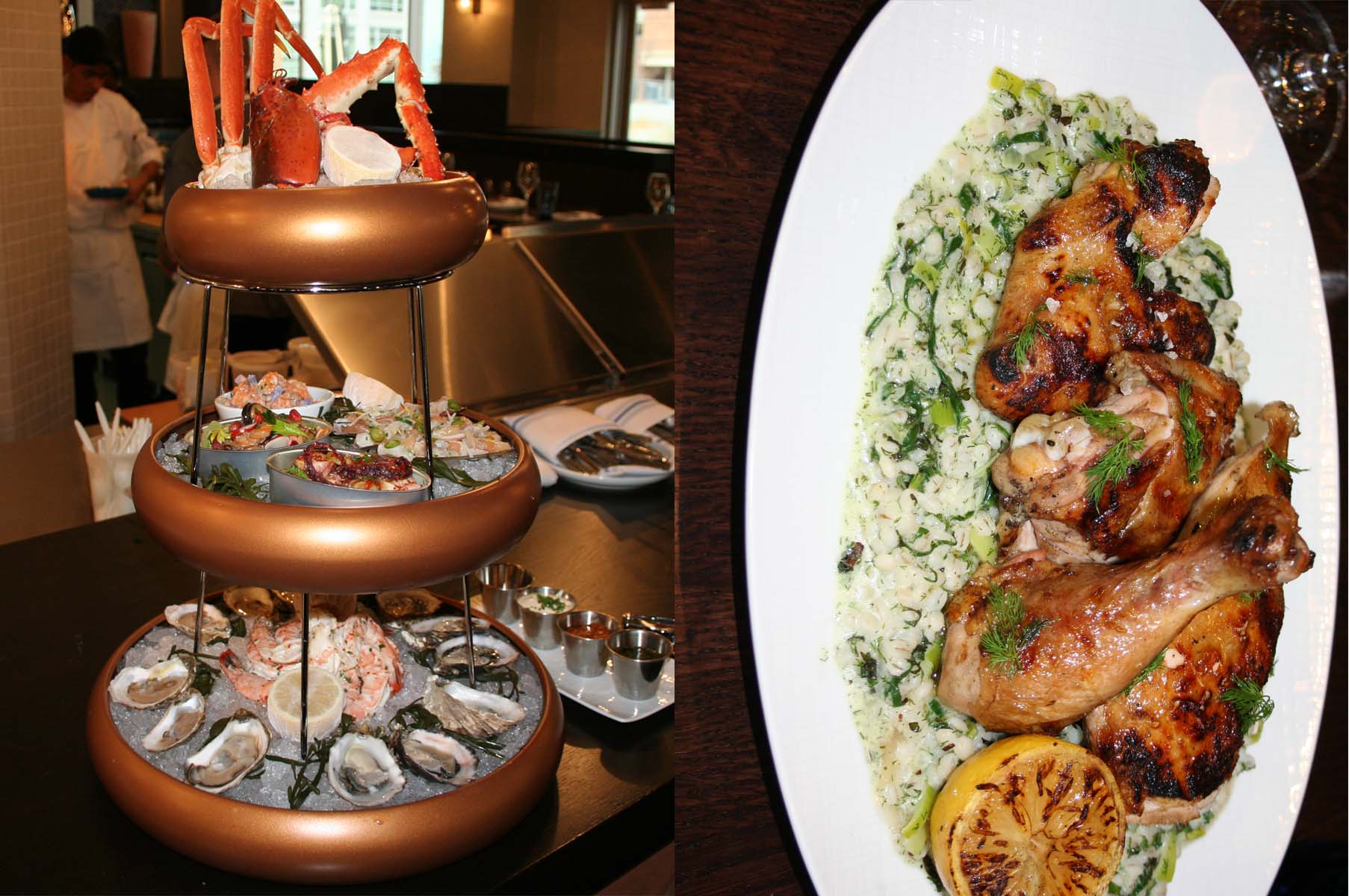 Dishes at Kapnos Taverna includes the $125 Seafood Tower (left) and spanakorizo, rotisserie chicken served on barley with spinach, barley, dill and charred lemon. (Photo: Mark Heckathorn/DC on Heels)