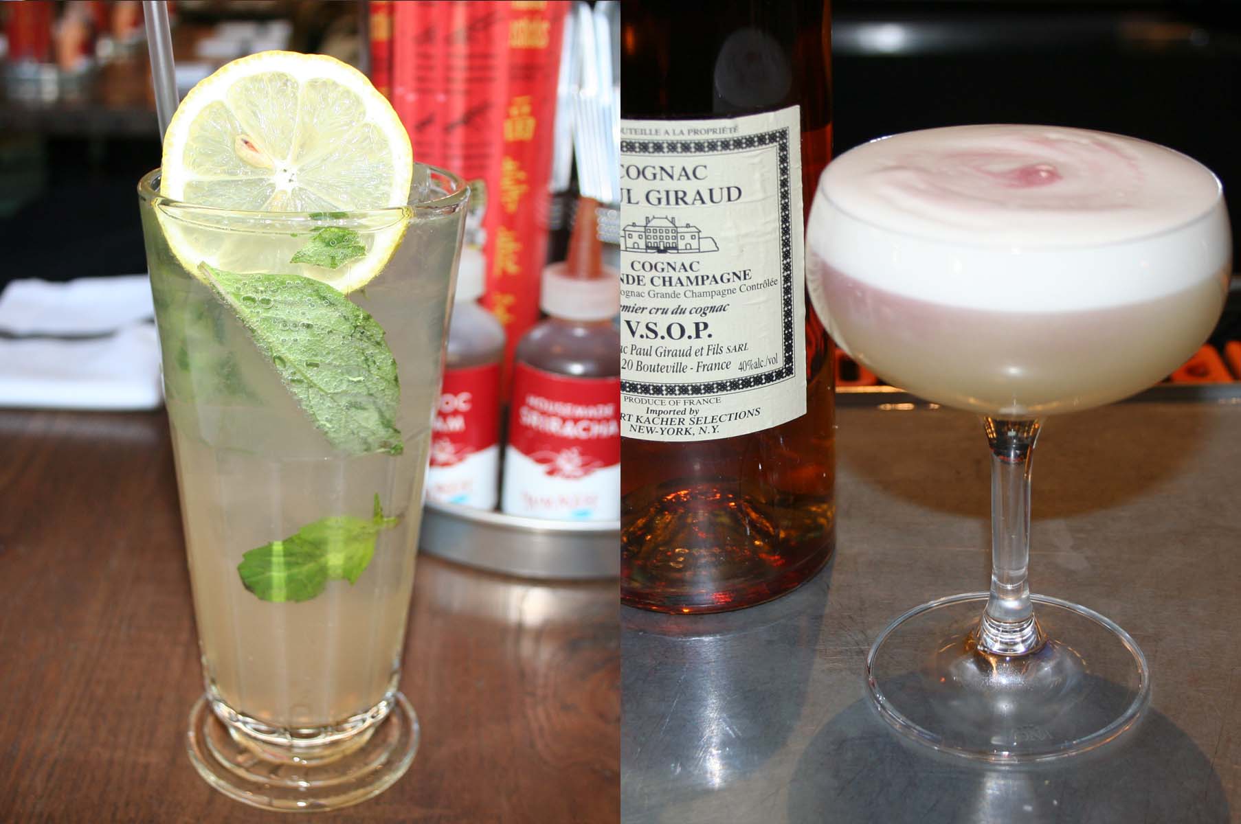 Drinks from the craft bar include Thai basil soda (left) and the Blanche & Stanley with cognac, lemon, egg white and Andre Brunel. (Photos: Mark Heckathorn/DC on Heels)