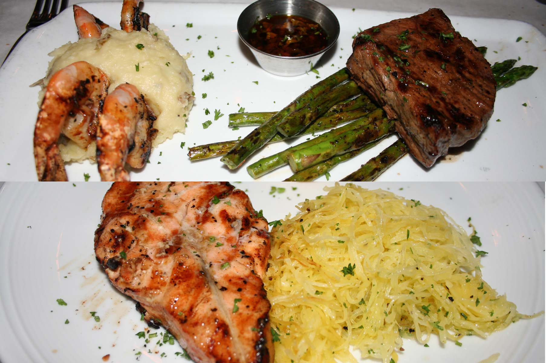 Grillfish's surf n turf (top) with steak and shrimp and salmon with spaghetti squash feature sustainable seafood. (Photo: Mark Heckathorn/DC on Heels)