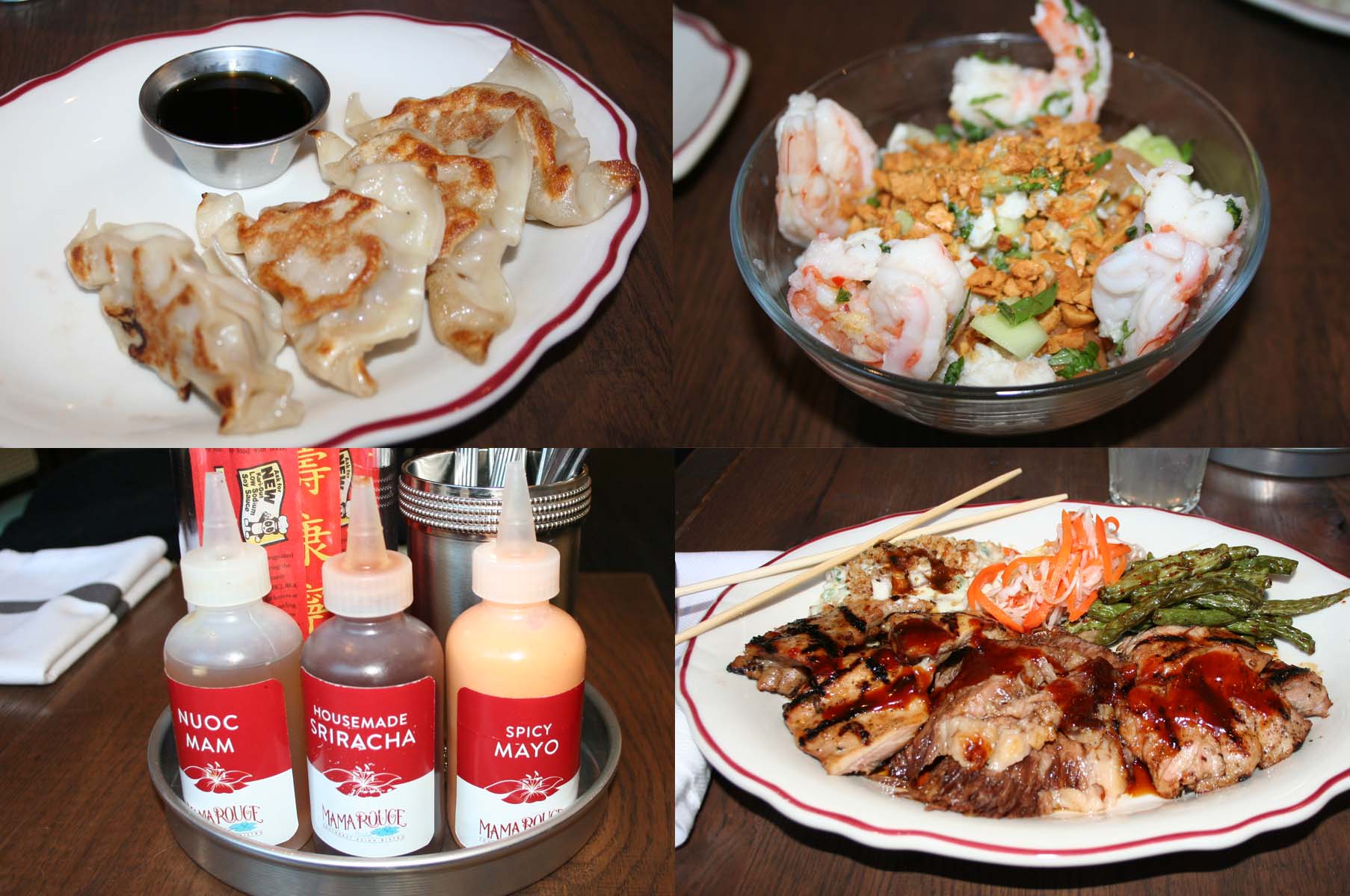 Mama Rouge's menu includes mama's pork dumplings (clockwise from top left), crab and shrimp salad, mixed grill BBQ and nuoc mam (fish sauce) house-made Sriracha and and spicy mayo (Sriracha and mayonnaise). (Photos: Mark Heckathorn/DC on Heels)