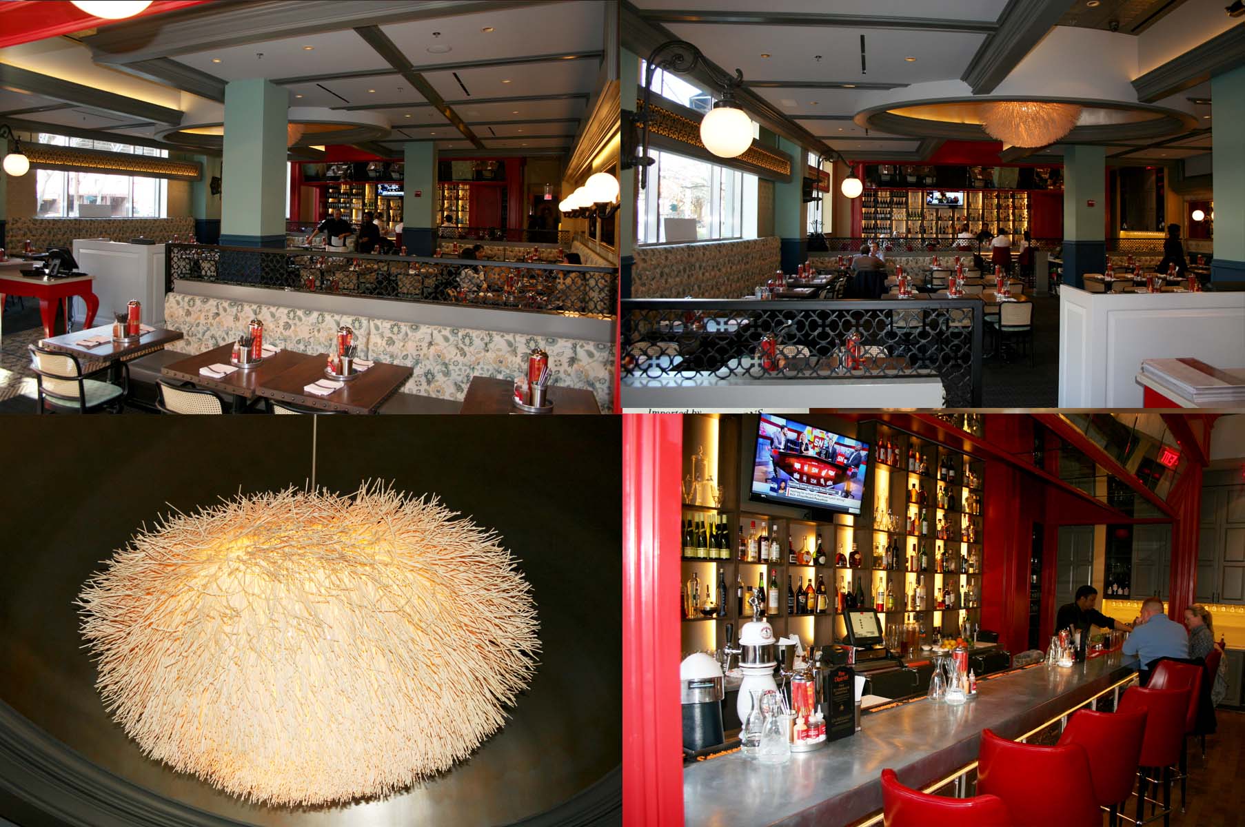 The dining room (top) and bar (bottom right) at Mama Rouge has a French bistro feel, but the reed chandelier is from Thailand. (Photos: Mark Heckathorn/DC on Heels)