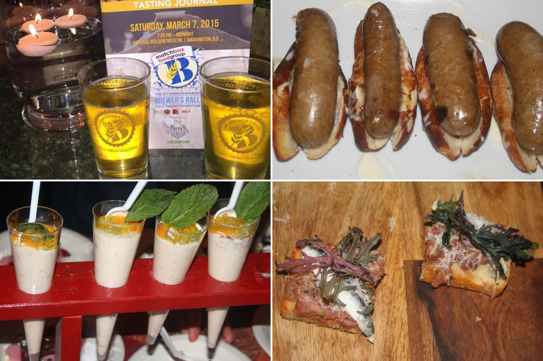 The Brewer's Ball included beer (clockwise from top left), house-made chicken sausage on a pretzel roll from Roofers Union, beef tartare on buckwheat brioche toast from Gypsy Soul and pecan panna cotta with appel-beer jelly from Belga Cafe and B Too. (Photos: Mark Heckathorn/DC on Heels)