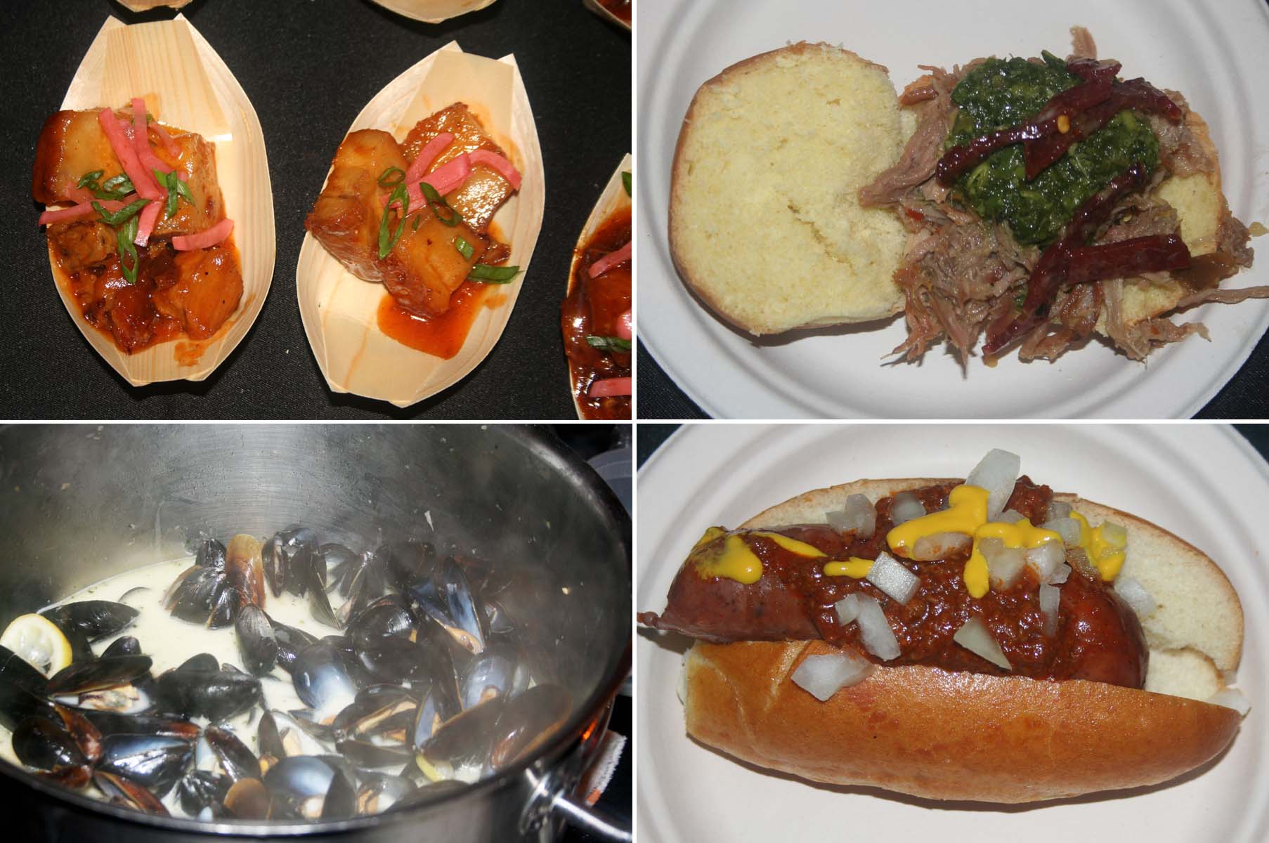 Restaurants served bites such as pork belly with Korean BBQ sauce, scallions and pickled radish from Mad Fox Brewing (clockwise from top left), BBQ beef brisket sliders from Meridian Pint, half smoke from DC-3 and mussels from Mussel Bar & Grille. (Photos: Mark Heckathorn/DC on Heels)