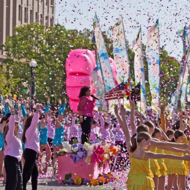 A group performs in front of the National Archives in a previous Cherry Blossom parade. (Photo: National Cherry Blossom Festival)