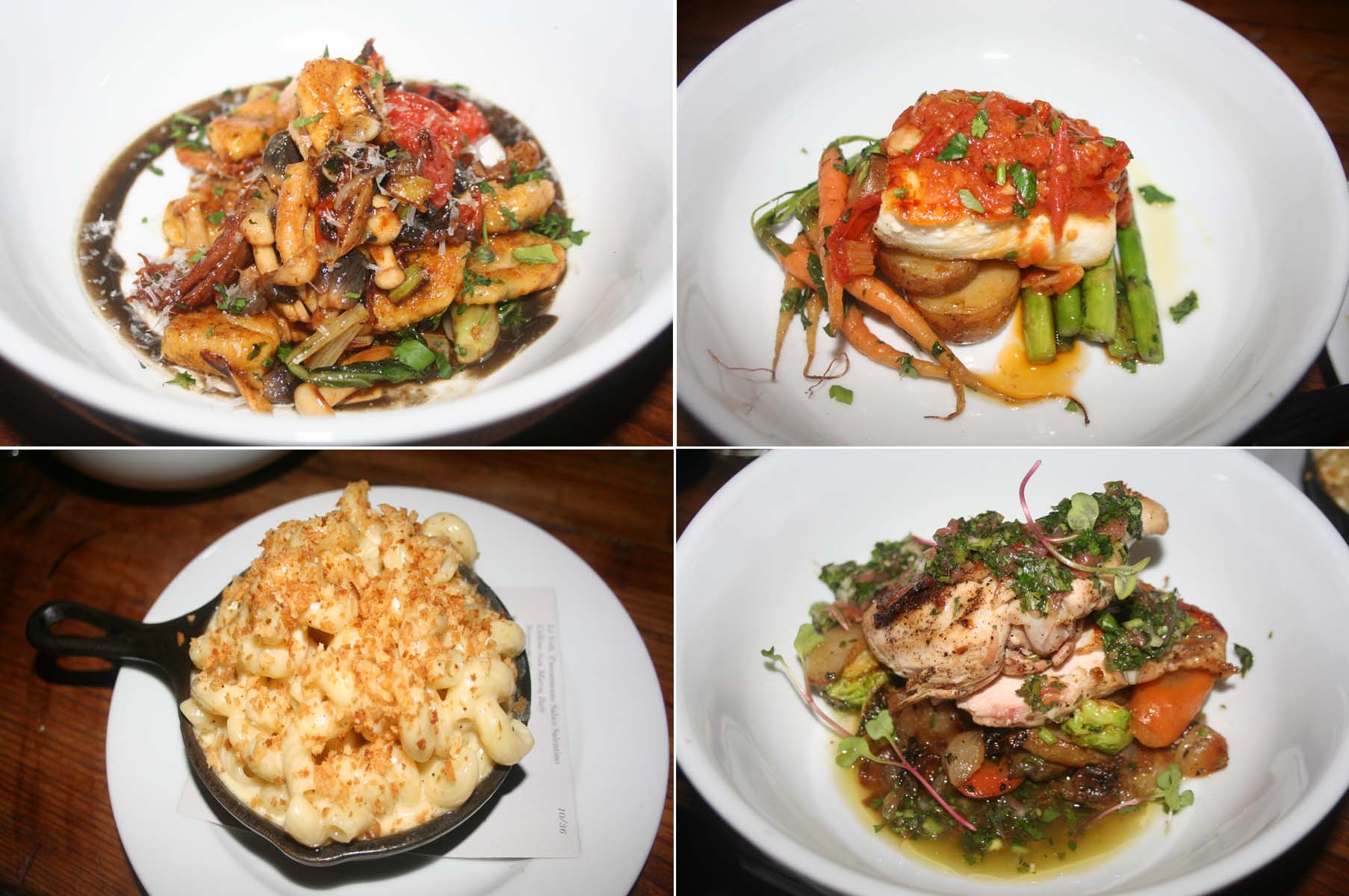 New entrees and sides at Big Bear Cafe include gnocci (clockwise from top left), pan roasted halibut, simple chicken and skillet macaroni and cheese. (Photos: Mark Heckathorn/DC on Heels)