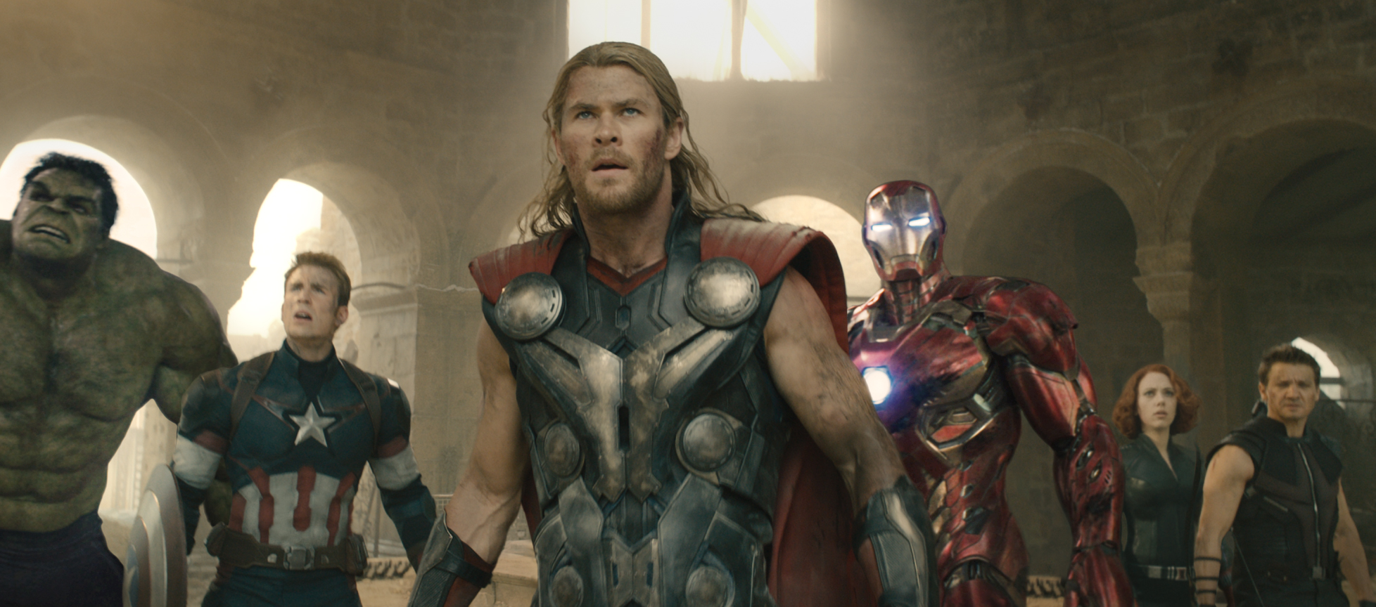 Marvel's Avengers: Age Of Ultron (L to R) Hulk (Mark Ruffalo), Captain America (Chris Evans), Thor (Chris Hemsworth), Iron Man (Robert Downey Jr.), Black Widow (Scarlett Johansson) and Hawkeye (Jeremy Renner). (Photo: Marvel)