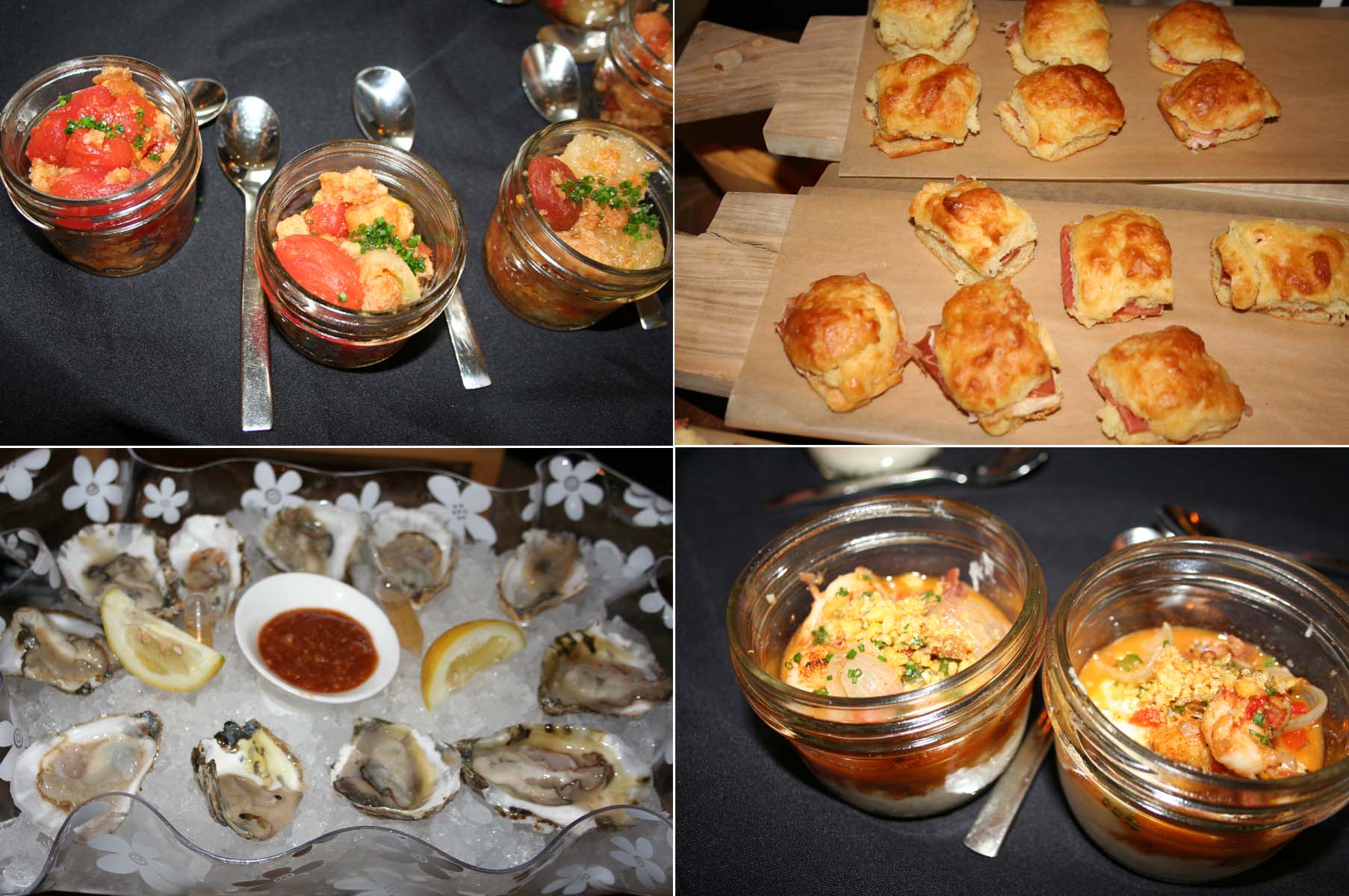 Special Virginia-themed dishes for America Eat's Virginia Festival include stewed tomatoes (clockwise from top left), ham biscuits, shrimp 'n' grits and raw Chesapeake oysters. (Photos: Mark Heckathorn/DC on Heels)