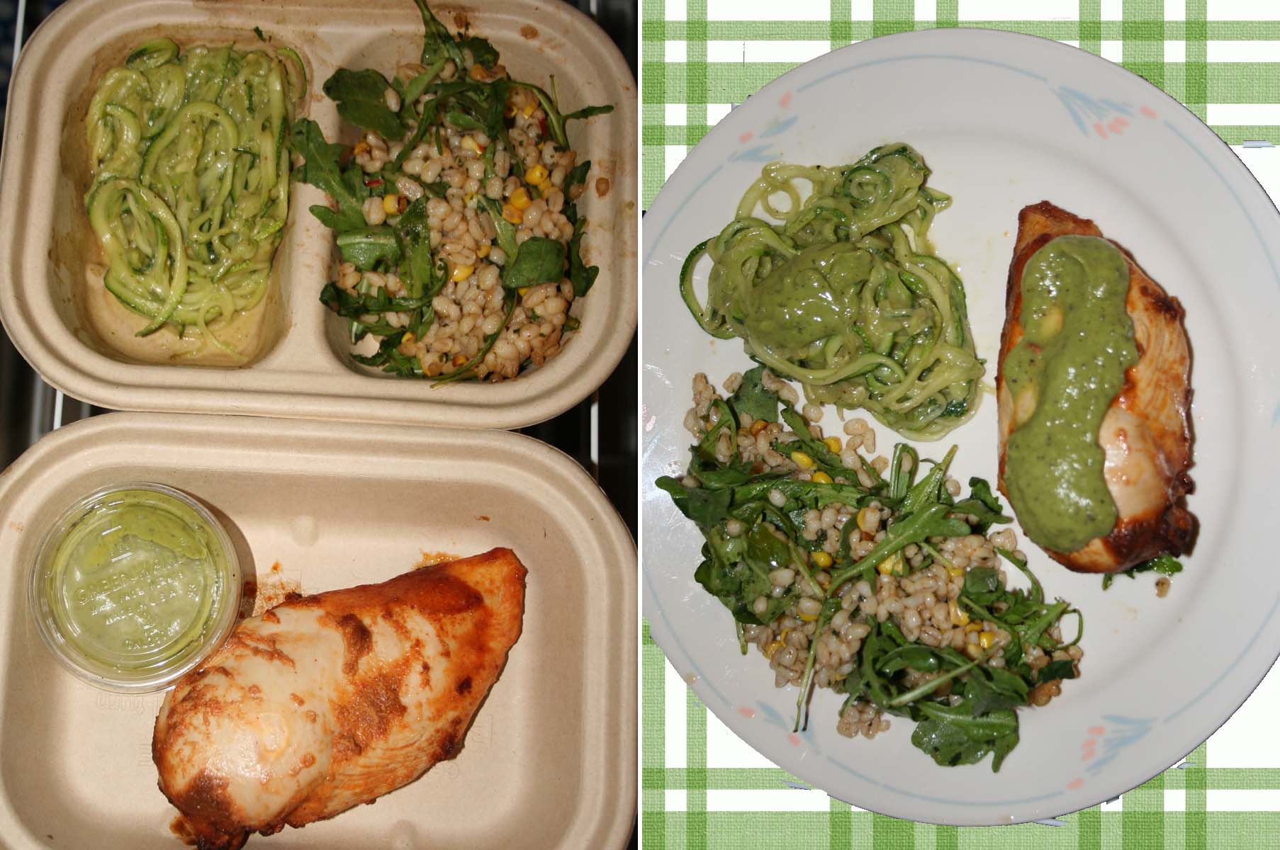 The chicken and salad were tasty, but the zucchini "pasta" was limp. (Photos: Mark Heckathorn/DC on Heels)
