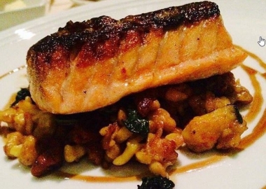 701 Restaurants entrees include roasted salmon with popcorn puree, trumpet mushrooms, fennel and blueberry kosho. (Photo:EventsDC)