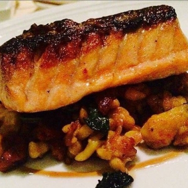 701 Restaurants entrees include roasted salmon with popcorn puree, trumpet mushrooms, fennel and blueberry kosho. (Photo:EventsDC)