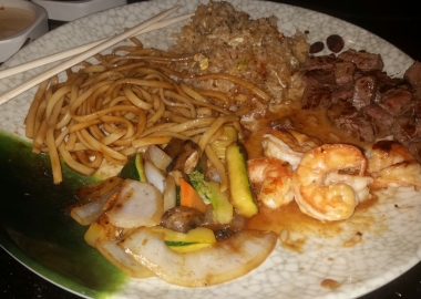 The finished meal with shrimp, N.Y. strip steak, sauteed vegetables, fried noodles and fried rice. (Photo: Mark Heckathorn/DC on Heels)
