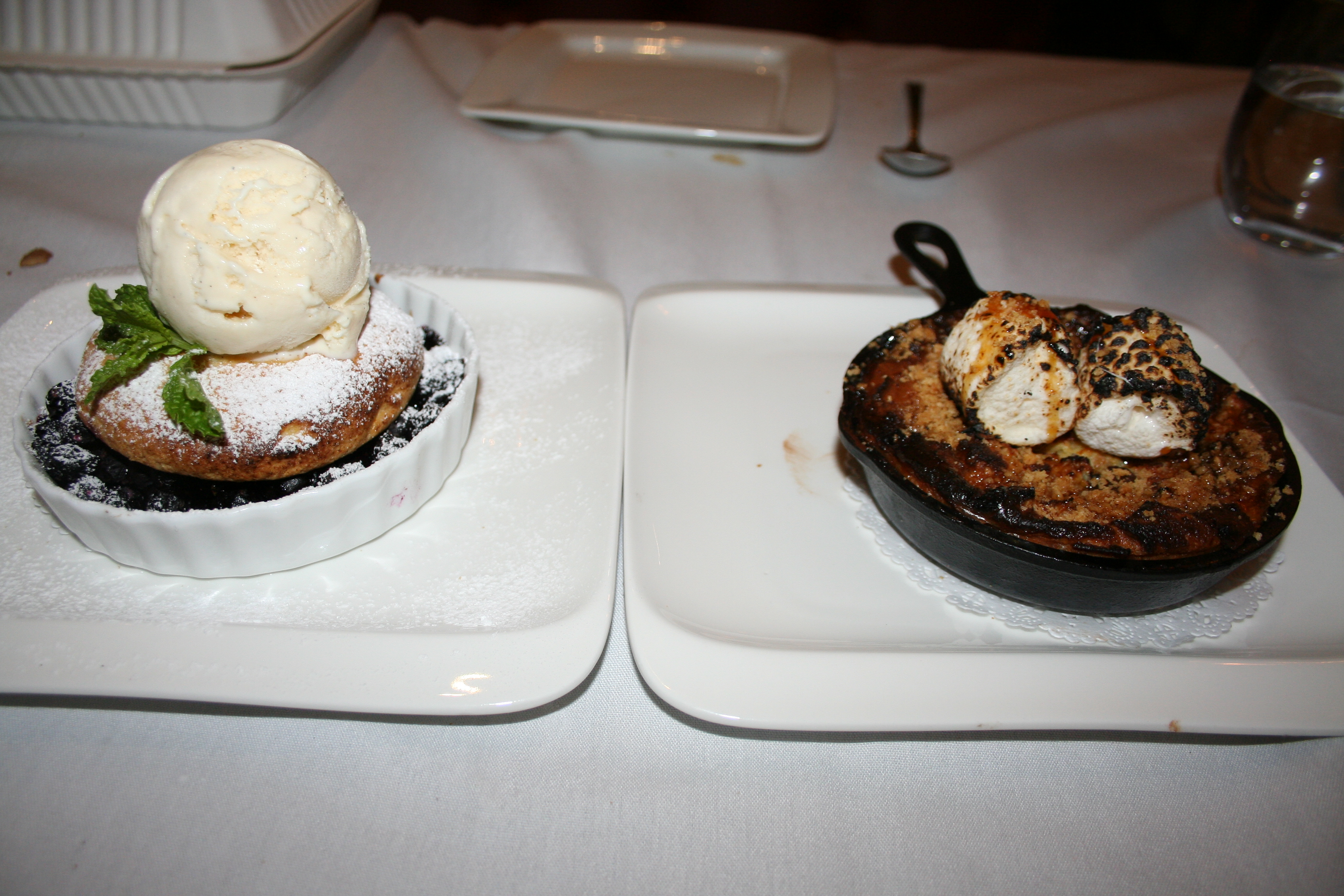 The blueberry cobbler (left) had an odd flavor of tarragon and a hair, while the s'mores bread pudding was dry and didn't have enough chocolate. (Photo: Mark Heckathorn/DC on Heels)