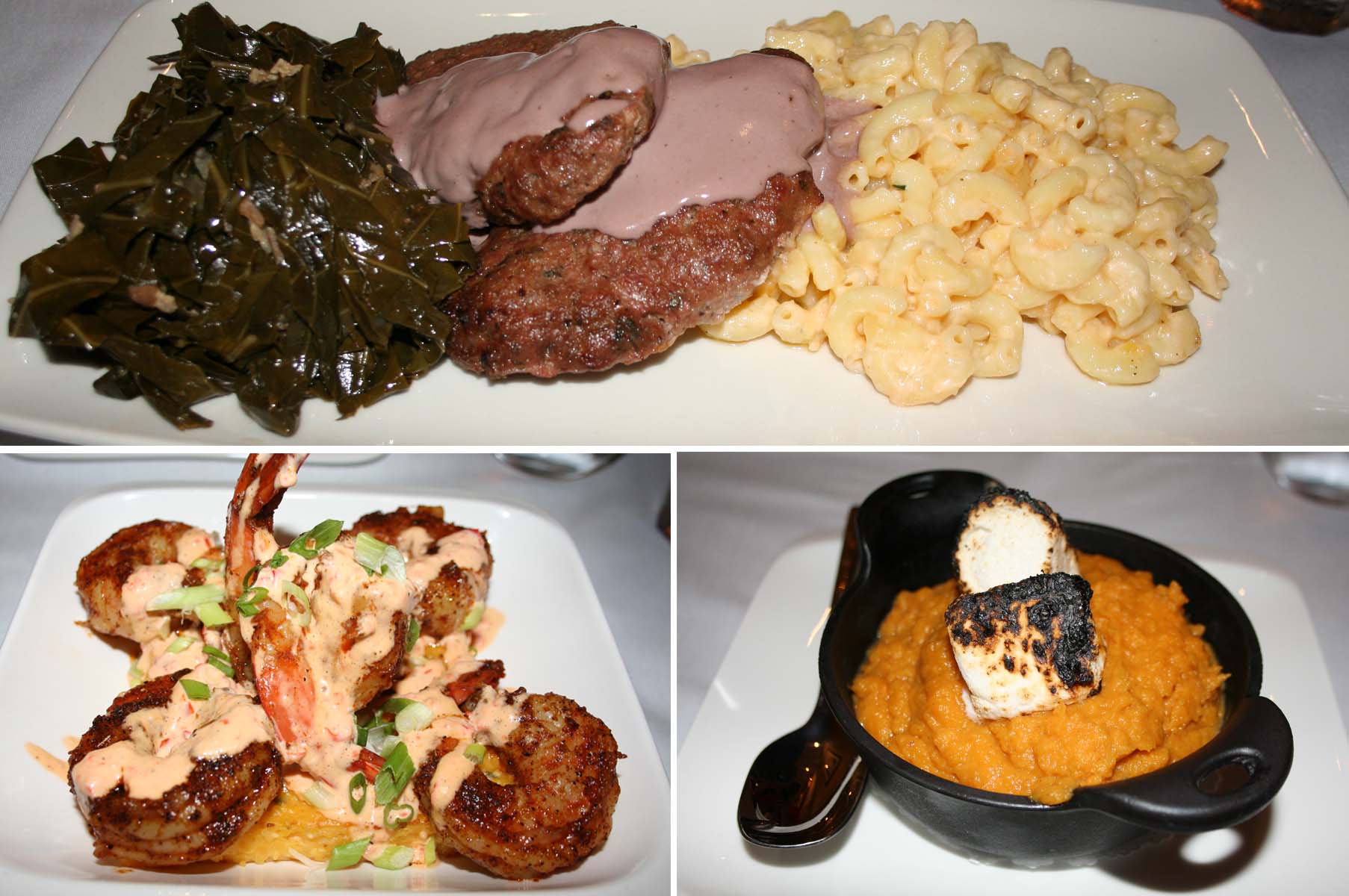 The bison meatloaf with greens and mac and cheese (top) wasn't palatable, but the shrimp and grits (bottom left) and mashed sweet potatoes are sure bets. (Photos: Mark Heckathorn/DC on Heels)