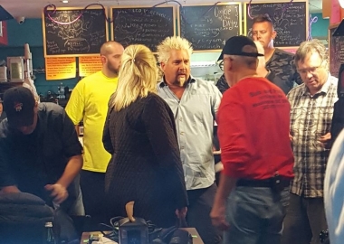 Guy Fieri films an episode of his Food Network show Diners, Drive-Ins and Dives at Bub and Pop's on M Street NW. (Photo: Scott)