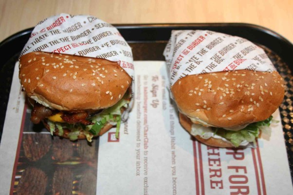 Habit charburgers come half wrapped, ready to eat without spilling on your shirt. Pictured here are the BBQ bacon char (l to r) and the mushroom char. (Photo: Mark Heckathorn/DC on Heels)
