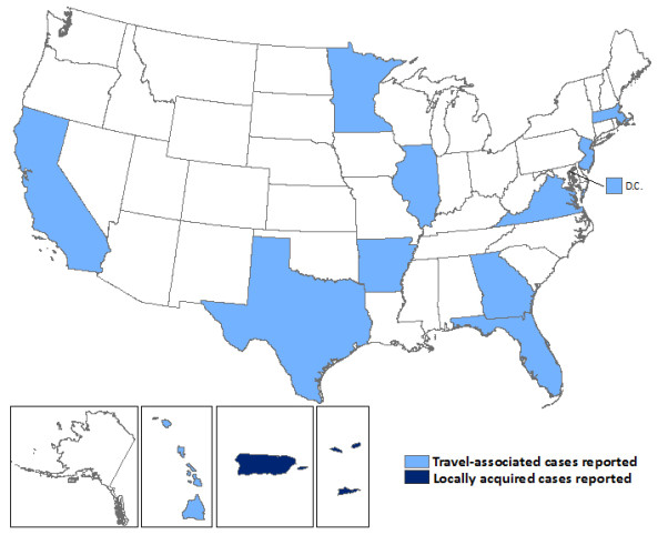 U.S. states and territories where the Zika cases have been confirmed. All were contracted outside the U.S. (Graphic: Centers for Disease Control and Prevention)
