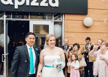 Jon Julio and Jennifer Bester leave &pizza after their wedding Monday. (Photo: Rachel Couch for Pop! Wed Co.)