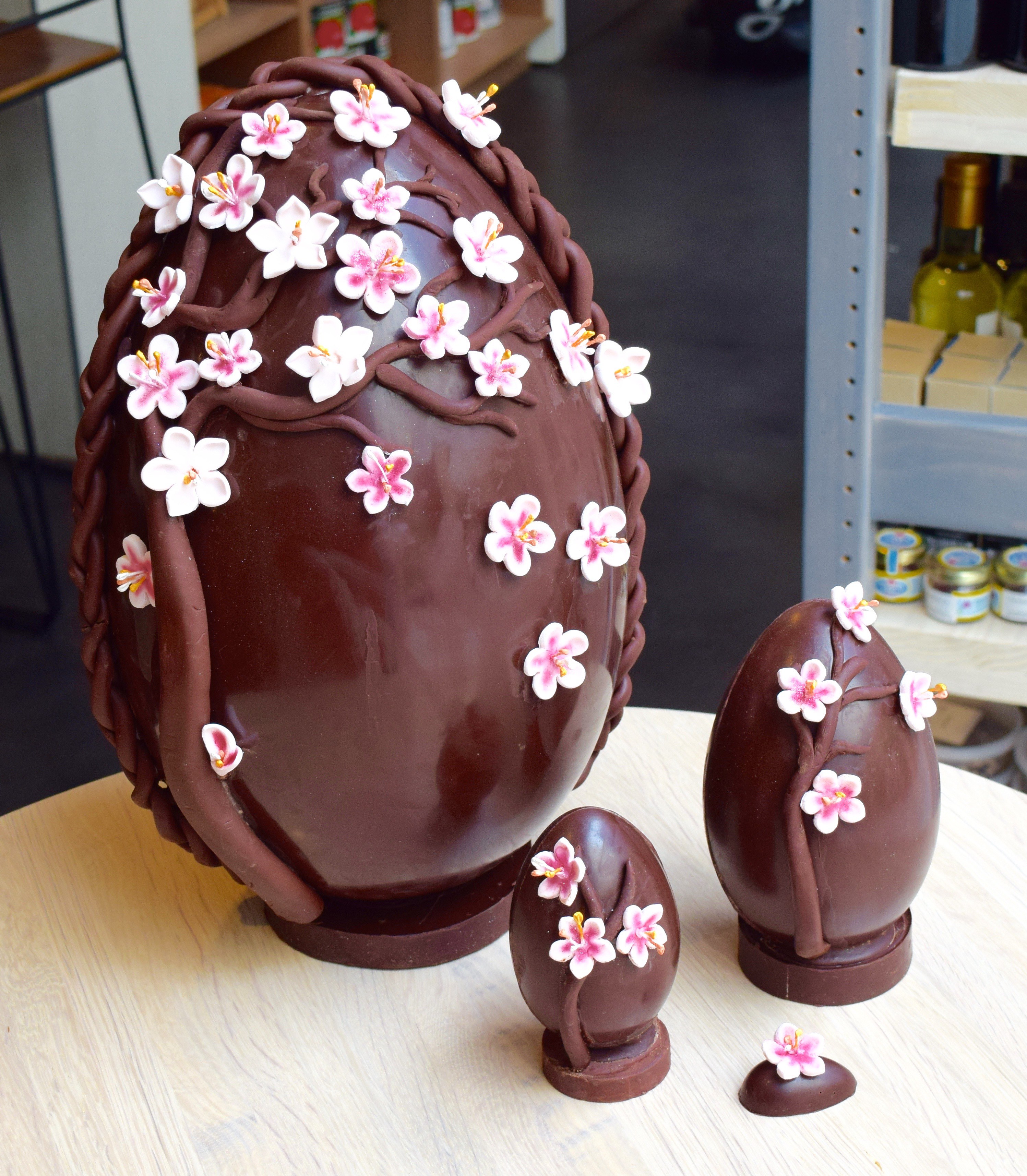 Centrolina is selling chocolate Easter eggs and baskets through Sunday. Pictured here is the large 30-pound display egg along with the 40-, 8.75- and 3.5-ounce eggs. (Photo: Centrolina)