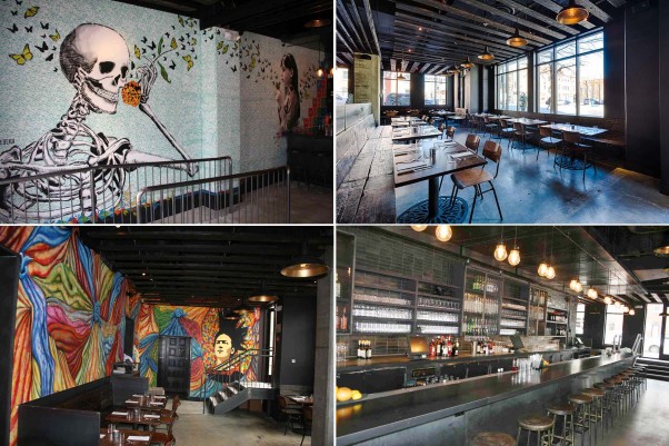 Espita features two murals by Oaxacan street artist Yescka (clockwise from top left), a 62-seat dining room, and a bar area with 26 seats. (Photos: Mark Heckathorn/DC on Heels)
