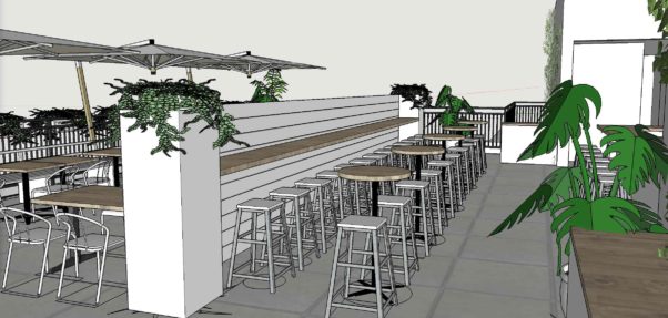 Requin, which was only supposed to stay in the Mosaic District until its permanent home in D.C.'s The Wharf development was finished, will stay in Fairfax permanently, while updating the dining room and menu and adding a rooftop deck. (Rendering: Natalie Park Design Studio)