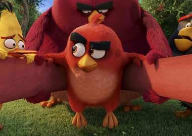 Red (Jason Sudeikis) in the slingshot with Chuck (Josh Gad), Terence and Bomb (Danny McBride) looking on. (Photo: Rovio Animation)
